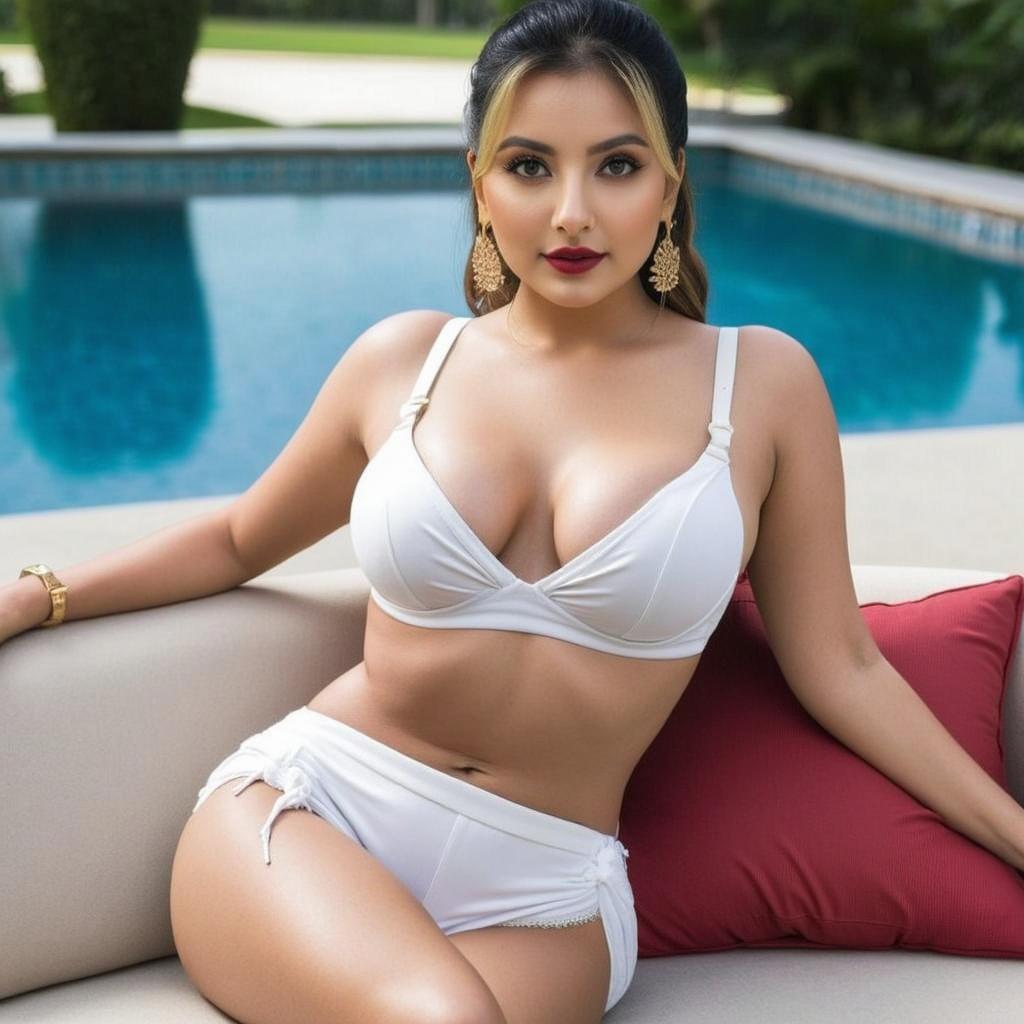 A confident woman with an hourglass figure wearing a stylish white bikini, sitting by the poolside