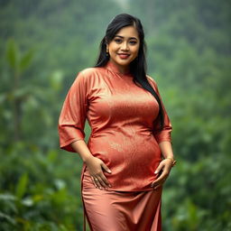 A curvaceous Indonesian woman wearing a traditional kebaya, designed to celebrate her voluptuous figure