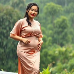 A curvaceous Indonesian woman wearing a traditional kebaya, designed to celebrate her voluptuous figure