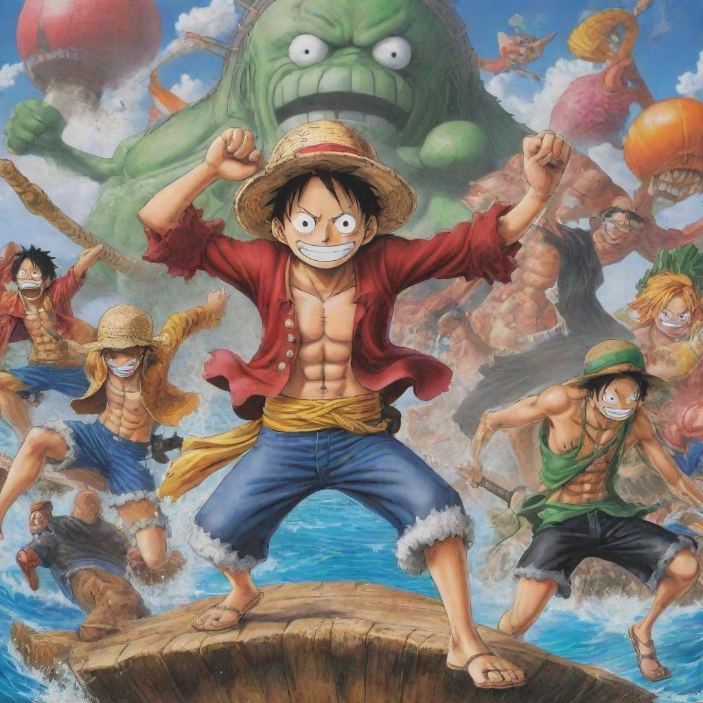 A vibrant, action-packed scene inspired by the anime 'One Piece', including its iconic characters such as Luffy, Zoro, and Nami in a grand adventure