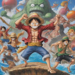 A vibrant, action-packed scene inspired by the anime 'One Piece', including its iconic characters such as Luffy, Zoro, and Nami in a grand adventure