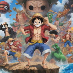 A vibrant, action-packed scene inspired by the anime 'One Piece', including its iconic characters such as Luffy, Zoro, and Nami in a grand adventure