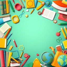 A background with a school theme featuring various elements such as books, pencils, a chalkboard, and a globe