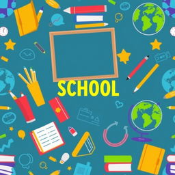 A background with a school theme featuring various elements such as books, pencils, a chalkboard, and a globe