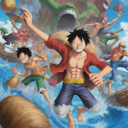 A vibrant, action-packed scene inspired by the anime 'One Piece', including its iconic characters such as Luffy, Zoro, and Nami in a grand adventure