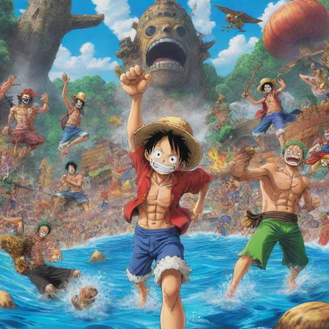 A vibrant, action-packed scene inspired by the anime 'One Piece', including its iconic characters such as Luffy, Zoro, and Nami in a grand adventure