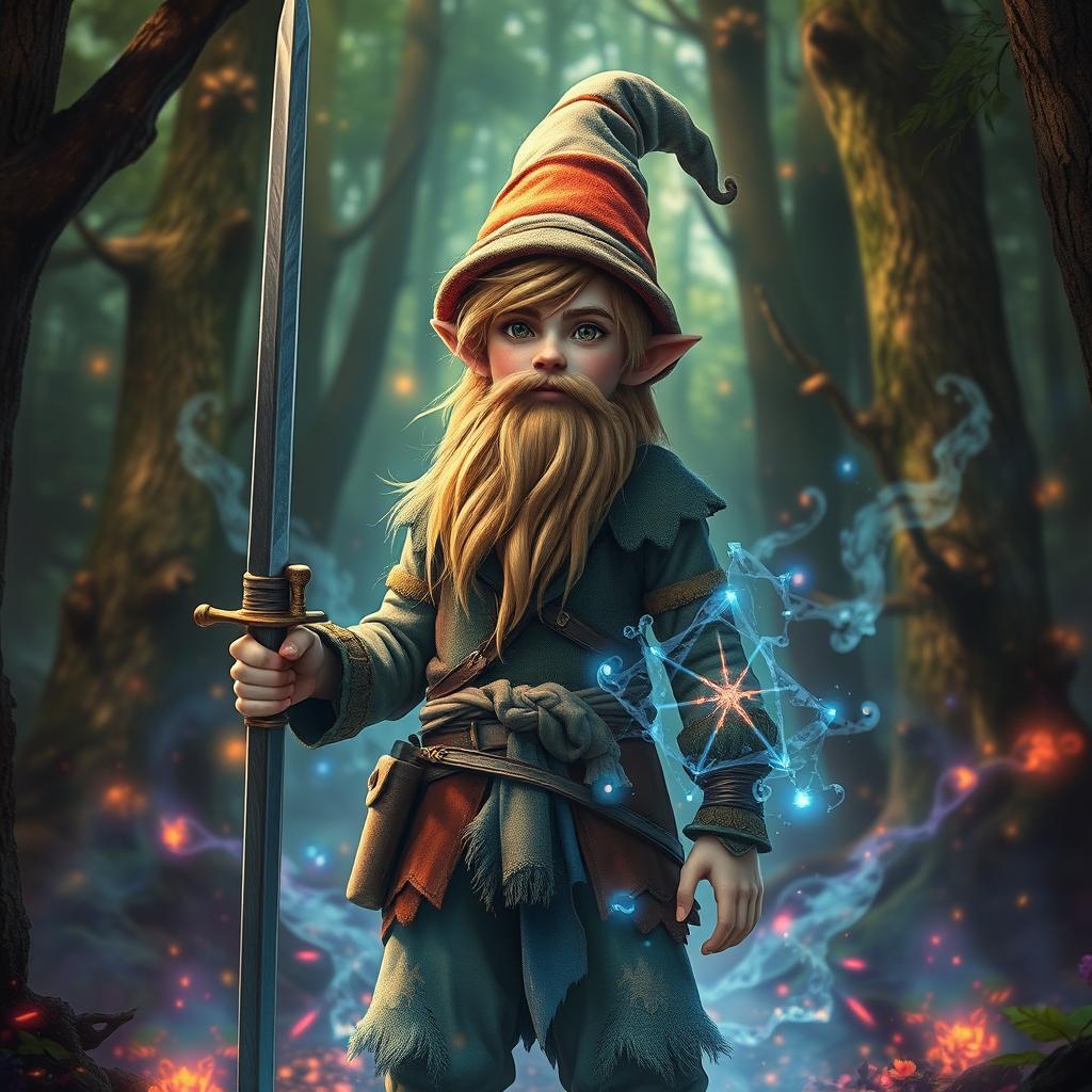 a very tall, handsome male teenage gnome with little hair, holding a sword in one hand