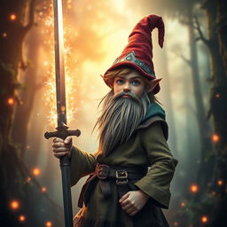 a very tall, handsome male teenage gnome with little hair, holding a sword in one hand