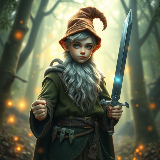 a very tall, handsome male teenage gnome with little hair, holding a sword in one hand