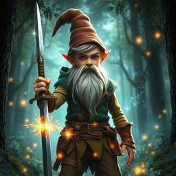 a very tall, handsome male teenage gnome with little hair, holding a sword in one hand