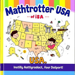 A playful and colorful cover for the activity book "Mathtrotter USA," designed to capture the imagination of children