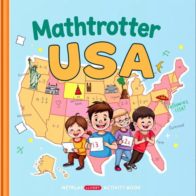 A playful and colorful cover for the activity book "Mathtrotter USA," designed to capture the imagination of children