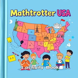 A playful and colorful cover for the activity book "Mathtrotter USA," designed to capture the imagination of children