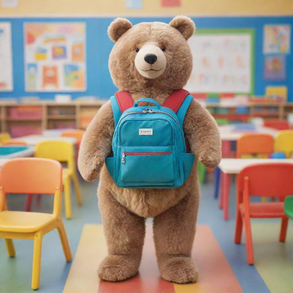 A cute, large bear wearing a smart little backpack, standing shyly in a colorful kindergarten room filled with tiny chairs, tables, and various learning toys.