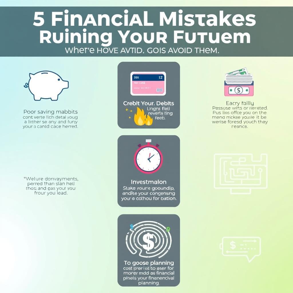 A visually engaging infographic titled "5 Financial Mistakes Ruining Your Future and How to Avoid Them