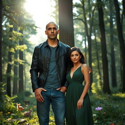 a serene forest scene featuring a tall, bald young man wearing a stylish leather jacket and denim jeans, standing beside a beautiful brunette woman with striking features, wearing an elegant green dress