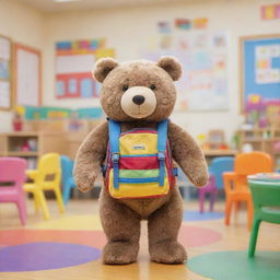 A cute, large bear wearing a smart little backpack, standing shyly in a colorful kindergarten room filled with tiny chairs, tables, and various learning toys.