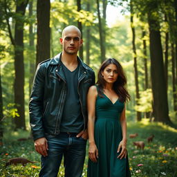 a serene forest scene featuring a tall, bald young man wearing a stylish leather jacket and denim jeans, standing beside a beautiful brunette woman with striking features, wearing an elegant green dress