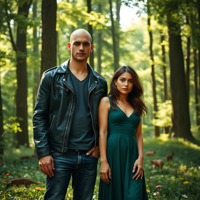 a serene forest scene featuring a tall, bald young man wearing a stylish leather jacket and denim jeans, standing beside a beautiful brunette woman with striking features, wearing an elegant green dress