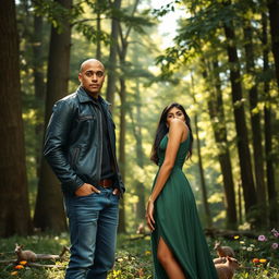 a serene forest scene featuring a tall, bald young man wearing a stylish leather jacket and denim jeans, standing beside a beautiful brunette woman with striking features, wearing an elegant green dress