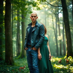 a serene forest scene featuring a tall, bald young man wearing a stylish leather jacket and denim jeans, standing beside a beautiful brunette woman with striking features, wearing an elegant green dress