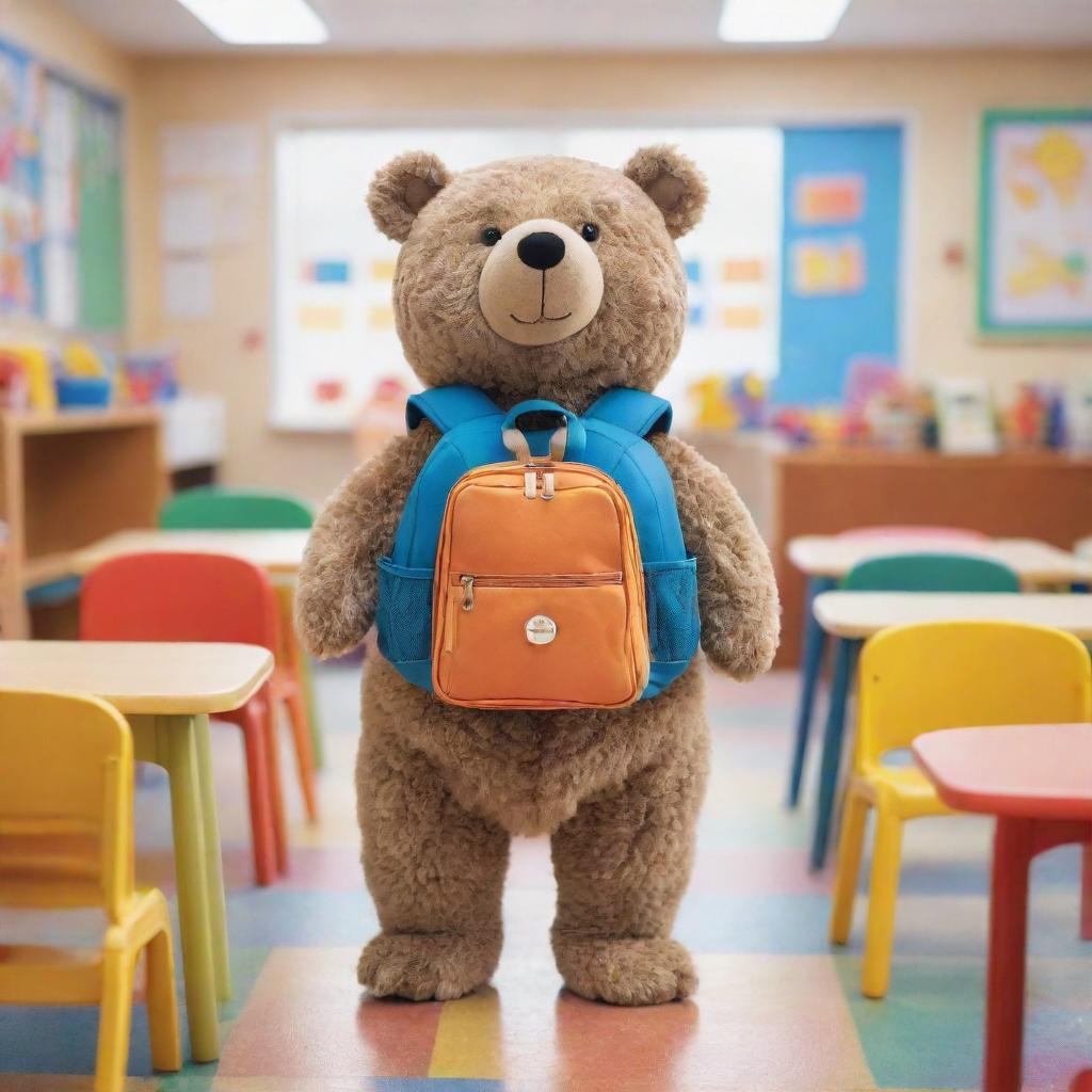 A cute, large bear wearing a smart little backpack, standing shyly in a colorful kindergarten room filled with tiny chairs, tables, and various learning toys.