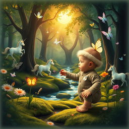 A whimsical, enchanting scene titled "Benji's Adventures in the Enchanted Forest," featuring a curious toddler boy of about 10 months old