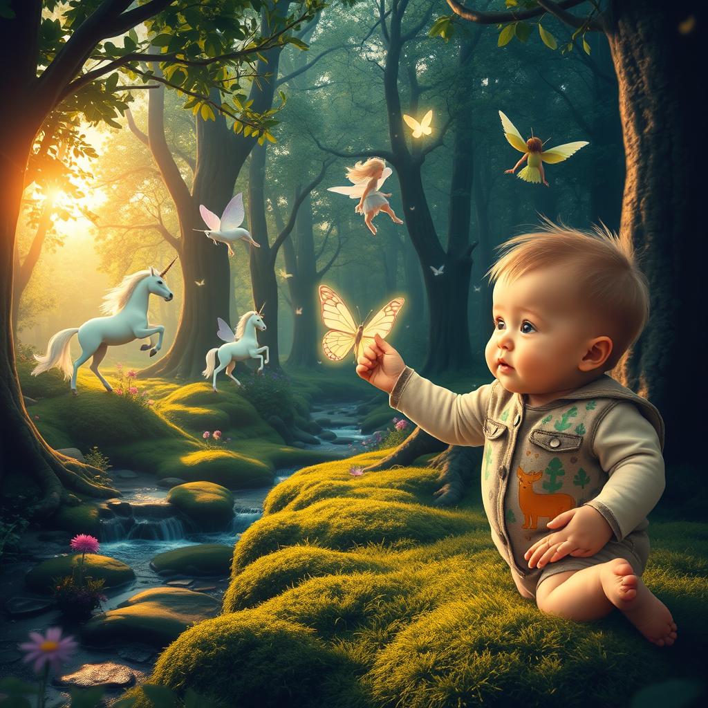 A whimsical, enchanting scene titled "Benji's Adventures in the Enchanted Forest," featuring a curious toddler boy of about 10 months old