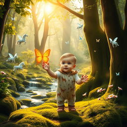 A whimsical, enchanting scene titled "Benji's Adventures in the Enchanted Forest," featuring a curious toddler boy of about 10 months old