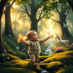 A whimsical, enchanting scene titled "Benji's Adventures in the Enchanted Forest," featuring a curious toddler boy of about 10 months old