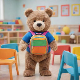 A cute, large bear wearing a smart little backpack, standing shyly in a colorful kindergarten room filled with tiny chairs, tables, and various learning toys.