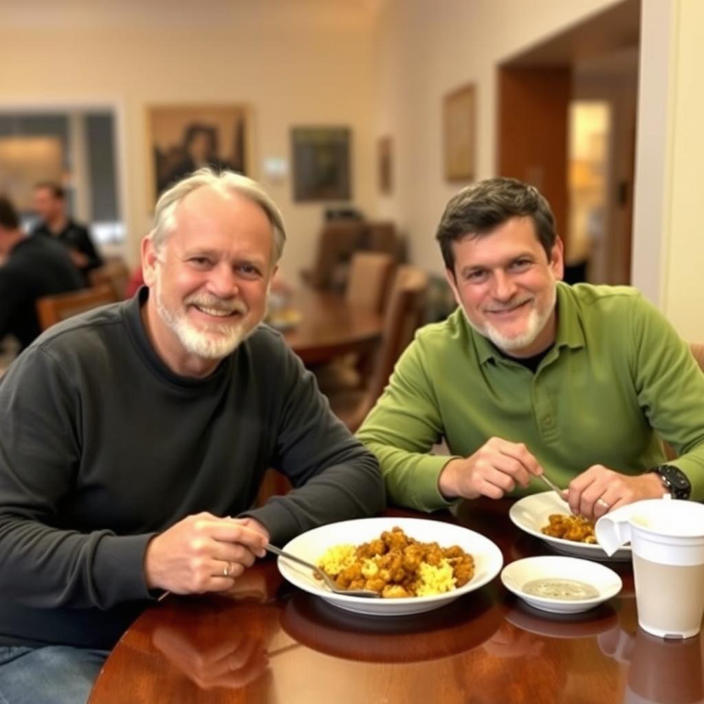 Two men sitting at a table, enjoying a meal together, indoors with a warm and cozy ambiance, a simple and hearty meal in front of them, friendly and relaxed expressions on their faces, soft lighting illuminating the room