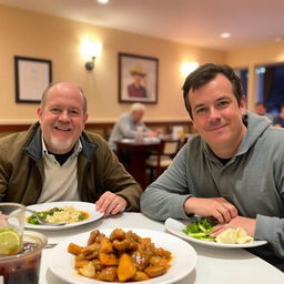 Two men sitting at a table, enjoying a meal together, indoors with a warm and cozy ambiance, a simple and hearty meal in front of them, friendly and relaxed expressions on their faces, soft lighting illuminating the room