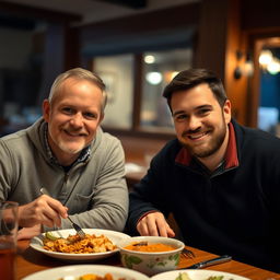 Two men sitting at a table, enjoying a meal together, indoors with a warm and cozy ambiance, a simple and hearty meal in front of them, friendly and relaxed expressions on their faces, soft lighting illuminating the room