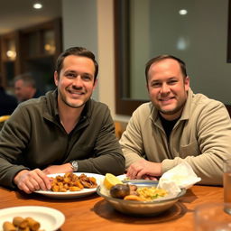 Two men sitting at a table, enjoying a meal together, indoors with a warm and cozy ambiance, a simple and hearty meal in front of them, friendly and relaxed expressions on their faces, soft lighting illuminating the room