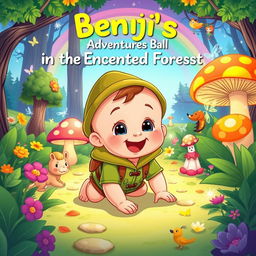 A vibrant and colorful cartoon illustration titled "Benji's Adventures in the Enchanted Forest," featuring a playful toddler boy about 10 months old