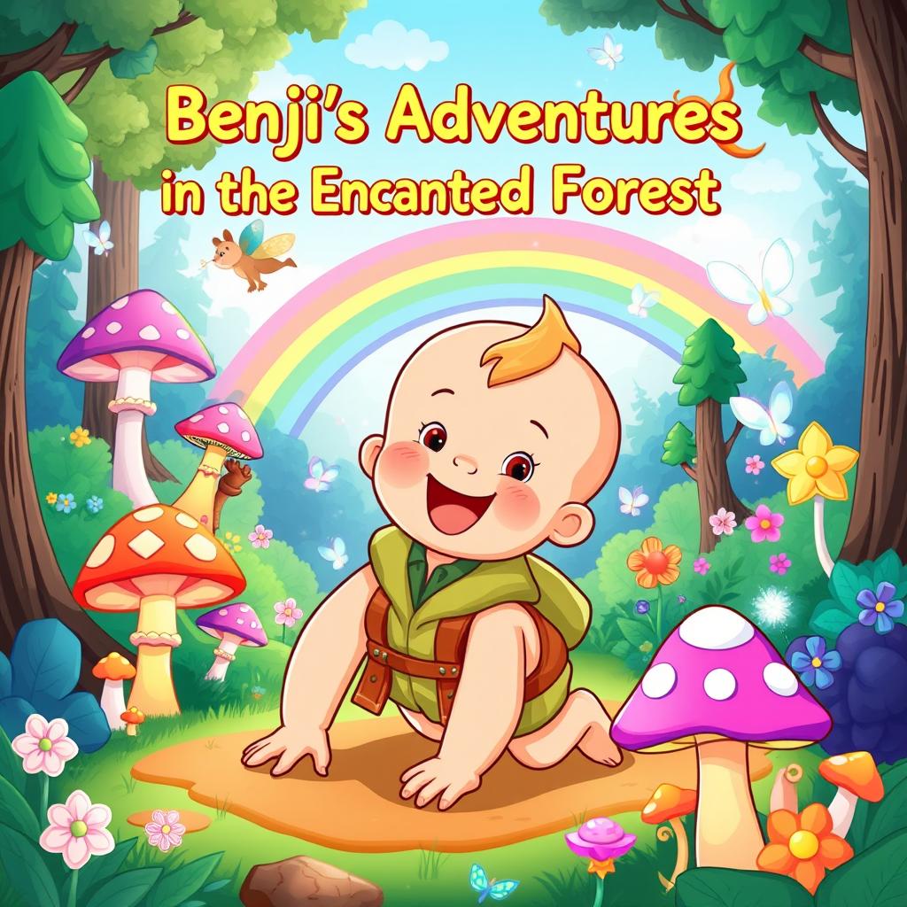 A vibrant and colorful cartoon illustration titled "Benji's Adventures in the Enchanted Forest," featuring a playful toddler boy about 10 months old