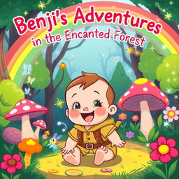 A vibrant and colorful cartoon illustration titled "Benji's Adventures in the Enchanted Forest," featuring a playful toddler boy about 10 months old