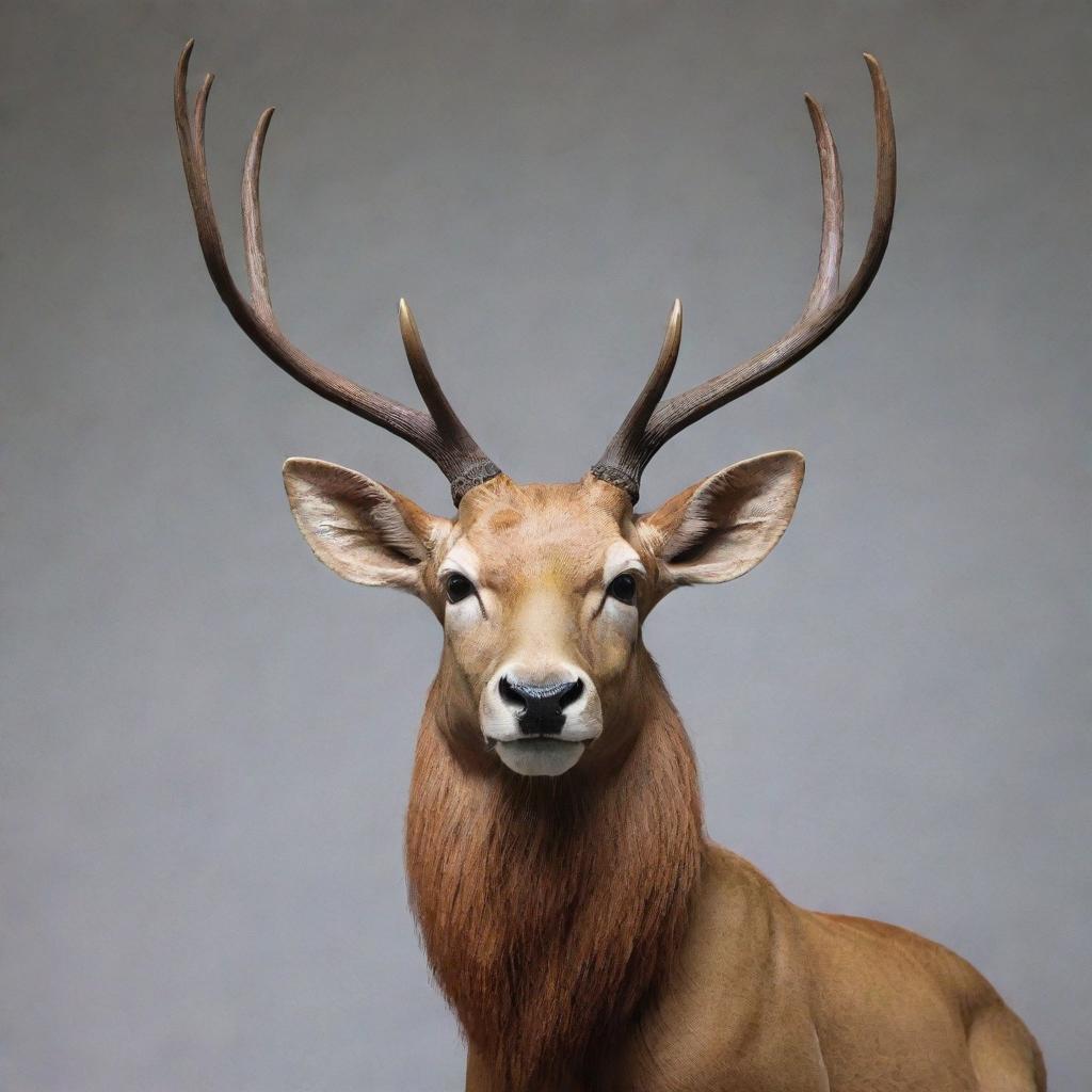 A sleek deer, its antlers towering and strong, wearing a lifelike lion mask, adding a bold contrast to its demure nature.