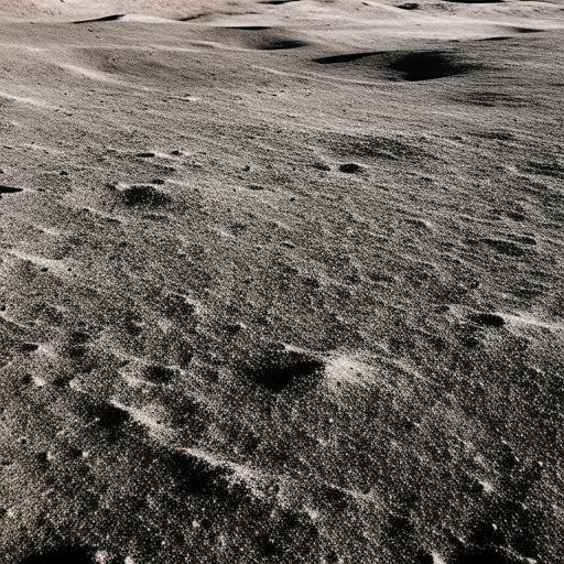 A detailed landscape of the moon surface with sharp craters, lunar dust and dimly lit shadows.