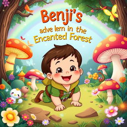 A vibrant and colorful cartoon illustration titled "Benji's Adventures in the Enchanted Forest," featuring a playful toddler boy about 10 months old