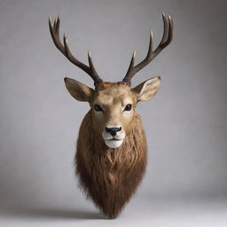 A sleek deer, its antlers towering and strong, wearing a lifelike lion mask, adding a bold contrast to its demure nature.