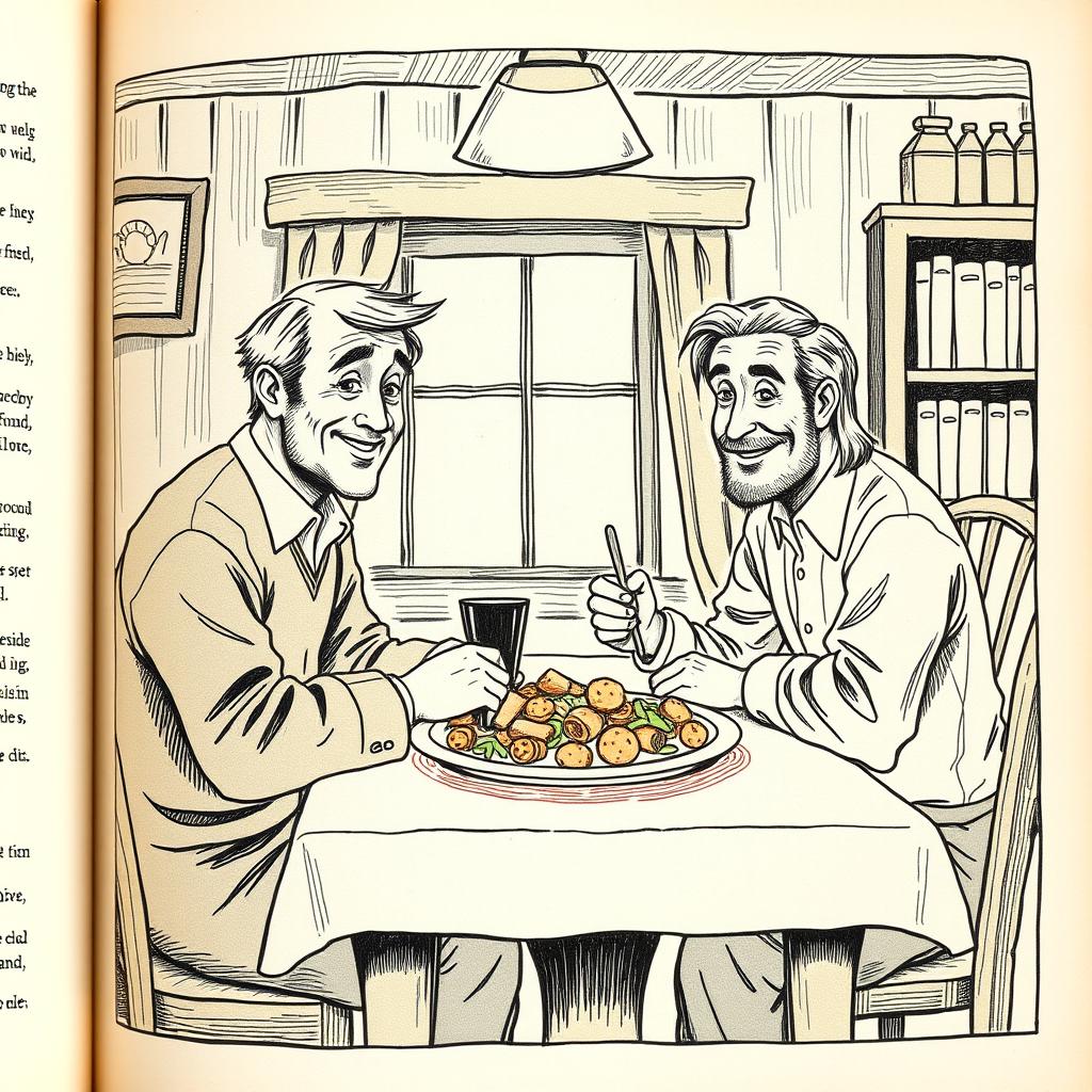 Illustration from a book depicting two men sitting at a table, enjoying a meal, vintage book illustration style, detailed and textured line work, indoors with a warm and cozy ambiance, showing a simple and hearty meal in front of them, friendly and relaxed expressions on their faces, soft lighting enhancing the scene