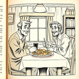 Illustration from a book depicting two men sitting at a table, enjoying a meal, vintage book illustration style, detailed and textured line work, indoors with a warm and cozy ambiance, showing a simple and hearty meal in front of them, friendly and relaxed expressions on their faces, soft lighting enhancing the scene