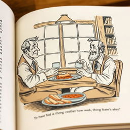 Illustration from a book depicting two men sitting at a table, enjoying a meal, vintage book illustration style, detailed and textured line work, indoors with a warm and cozy ambiance, showing a simple and hearty meal in front of them, friendly and relaxed expressions on their faces, soft lighting enhancing the scene