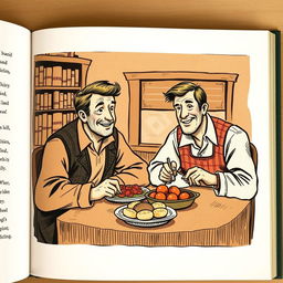 Illustration from a book depicting two men sitting at a table, enjoying a meal, vintage book illustration style, detailed and textured line work, indoors with a warm and cozy ambiance, showing a simple and hearty meal in front of them, friendly and relaxed expressions on their faces, soft lighting enhancing the scene