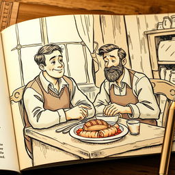 Illustration from a book depicting two men sitting at a table, enjoying a meal, vintage book illustration style, detailed and textured line work, indoors with a warm and cozy ambiance, showing a simple and hearty meal in front of them, friendly and relaxed expressions on their faces, soft lighting enhancing the scene