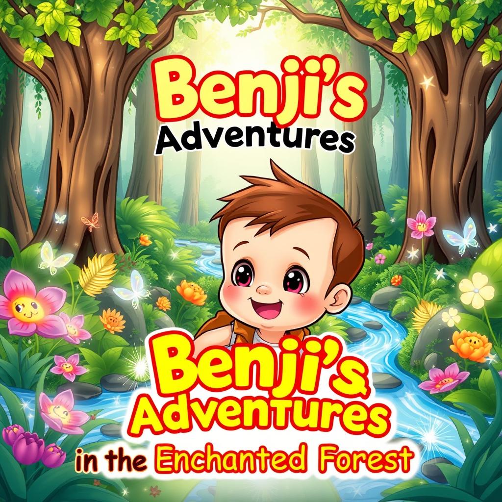 A vibrant and captivating book cover illustration for "Benji's Adventures in the Enchanted Forest