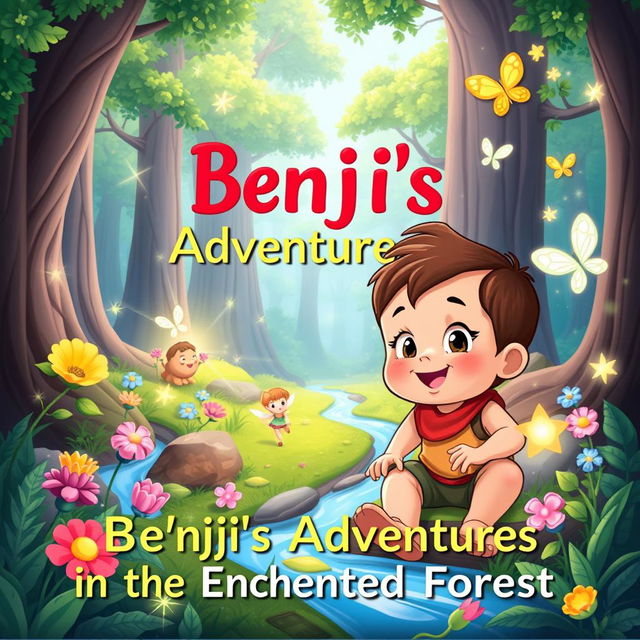 A vibrant and captivating book cover illustration for "Benji's Adventures in the Enchanted Forest