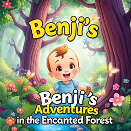 A vibrant and captivating book cover illustration for "Benji's Adventures in the Enchanted Forest